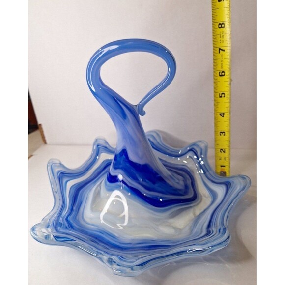 HANDMADE BLOWN SWIRL GLASS ART PIECE BLUE WHITE ONE-OF-A-KIND SERVING DISH - Picture 2 of 10